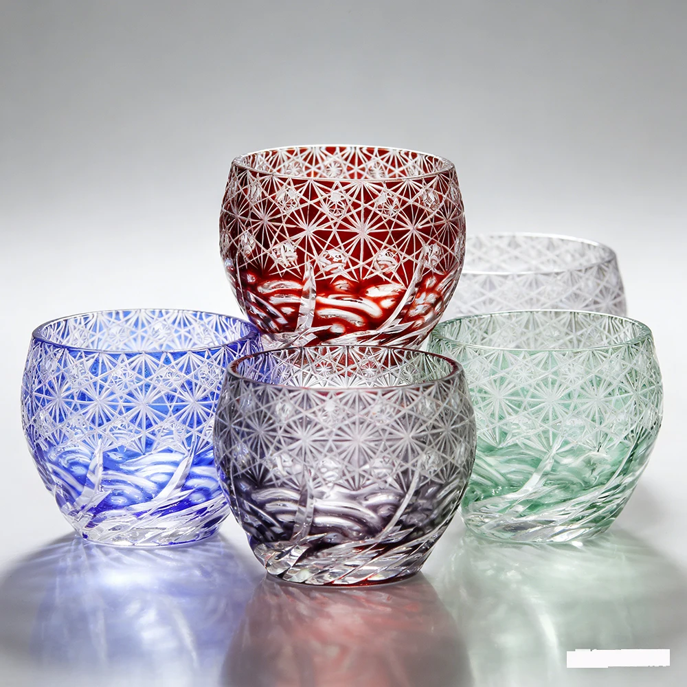 

60ml Japanese Edo Kiriko Hand Cut Glass Cup, Hand Carved Colored Crystal Shot Glass, Mini Sake Whiskey Tumbler for Home Bar Gift