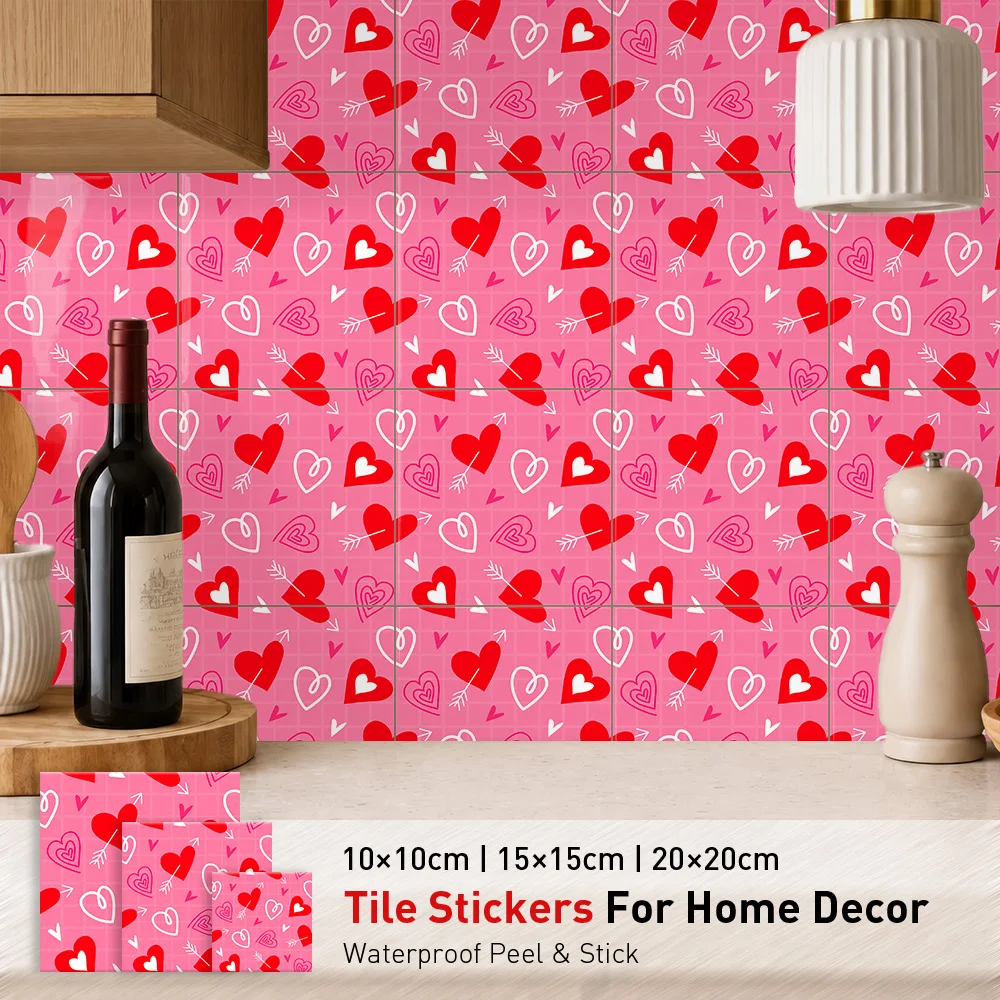 Arrow Hearts Tile Stickers Waterproof Peel and Stick Self Adhesive Oil Proof Backsplash Decals Floral Wallpaper for Bridal Suite