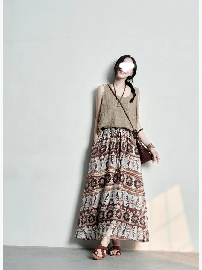

Boho Printed Demi-skirt Artistic Ethnic Sle Medium Length A-line Silhouette Loose Fit Commute Seasonal 2025 Summer