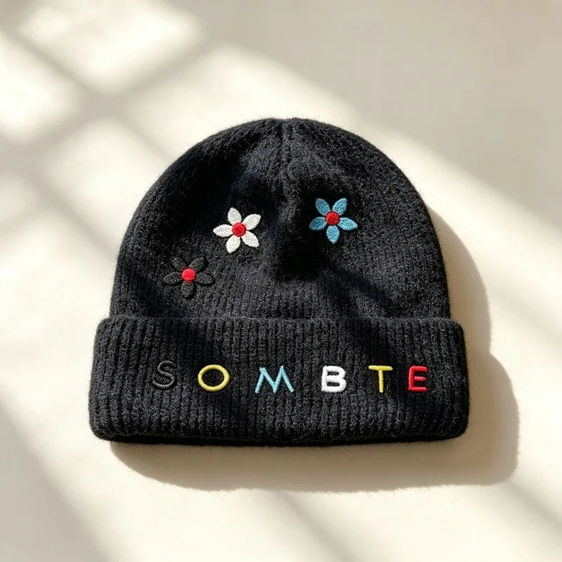 Women's Winter Flower Embroidery Knit Beanie Hat Folded Cuff Lettering Warm Versatile Pullover Knit Cap Student