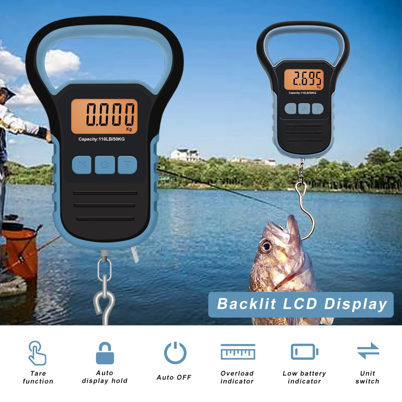 Digital Fishing Hanger Scale, Electronic Digital Luggage Scale, Fishing Postal Hook Scale, Backlit LCD Display, 110 lb/50 kg