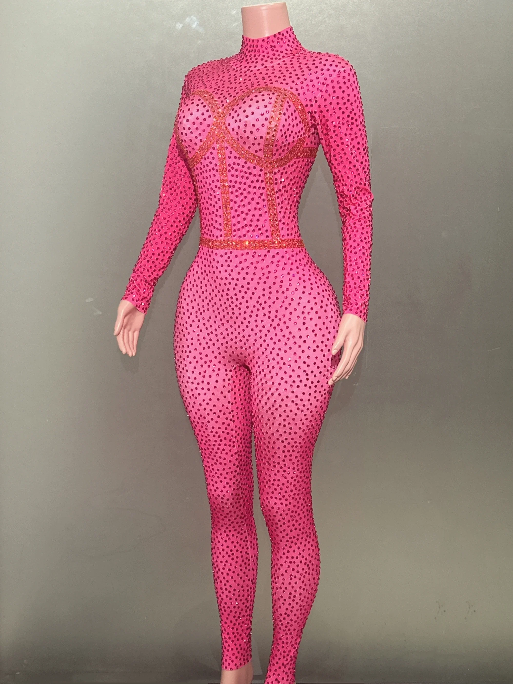 Rosered Shinning Rhinestones Women Sexy Long Sleeve Stretch Bodycon Jumpduit Nightclub Party Bar Dancer Performance Costumes