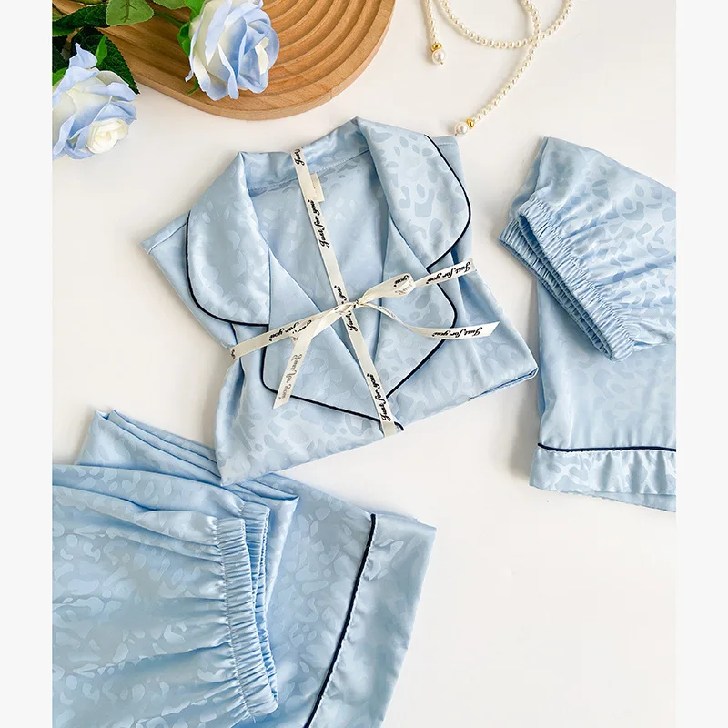 Spring New Women's Pajamas Set Sleepwear Silky Satin Short Sleeve Trouser Pijamas Suit Sweet Sexy Blue Jacquard Homewear Pyjama