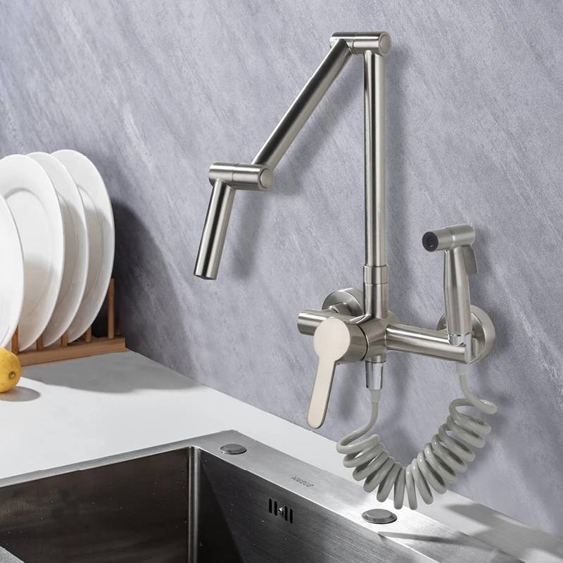صنبور مطبخ مثبت على الحائط مع بخاخ يدوي بفتحة مزدوجة قابل للدوران 360 درجة ° صنبور حوض المطبخ القابل للطي بمقبض واحد، صنبور خلاط ساخن وبارد #2