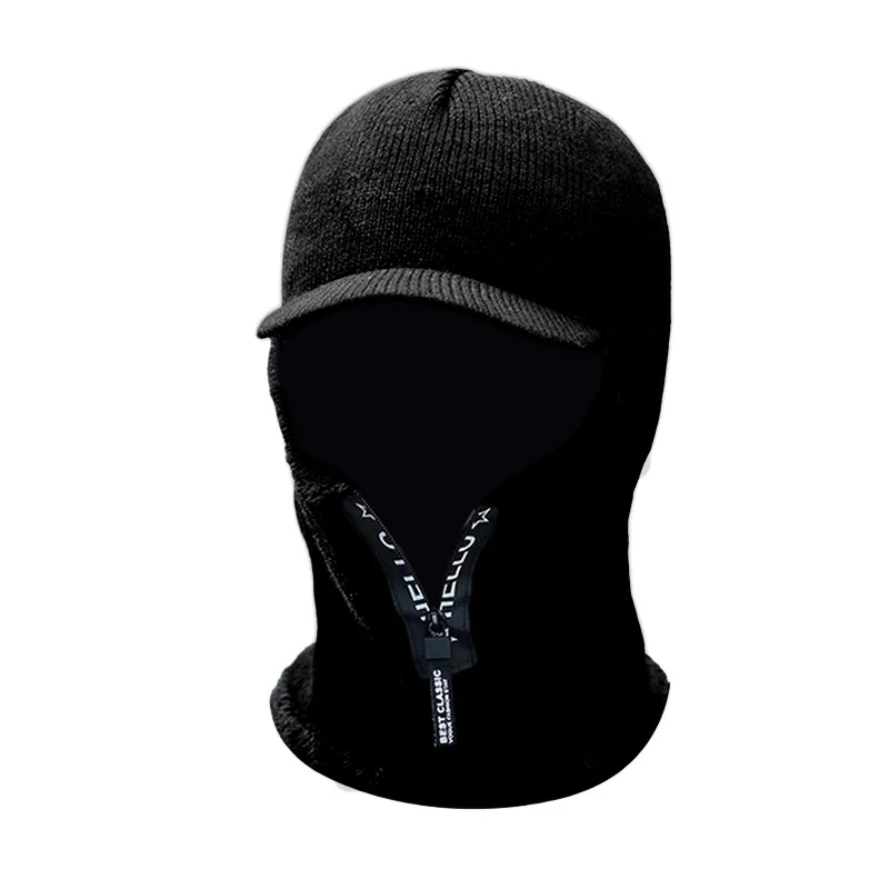Cushioned Cozy Brim Beanie for Men Fleece-Lined Winter-Weather Crocheted Balaclava with Zipper & Ear/Neck/Face Cover