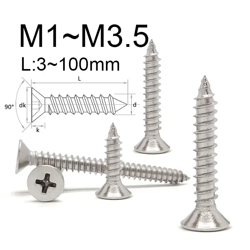 304 Stainless Steel Phillips Countersunk Flat Head Self-tapping Screw M1 M1.2 M1.4 M1.7 M2 M2.2 M2.6 M3 M3.5 Cross Wood Screws