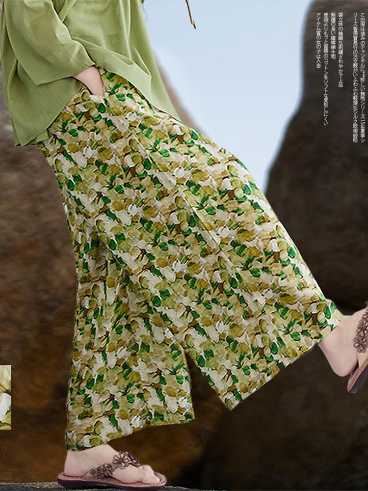 Retro Japońskie Szerokie Spodnie Damskie Casual Cienkie Kwiatowe Bawełniane Lniane Luźne Spodnie z Wysokim Stanem Do Pracy Letnie
