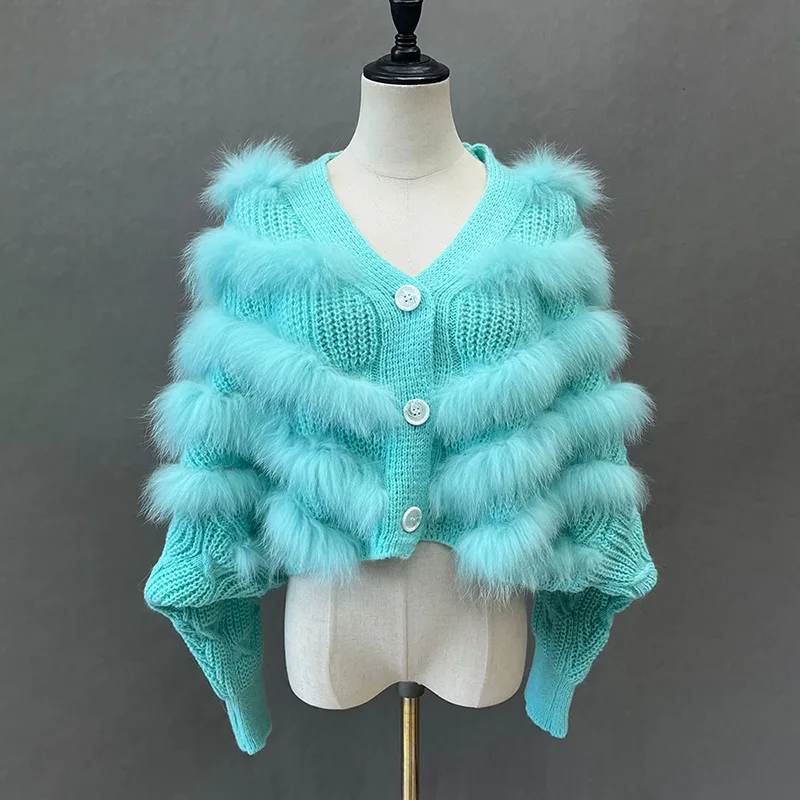 Winter Fox Fur Coat Lady Fashion Knitted Fur Sweaters Women Fluffy Female Patchwork Fur Fox Jackets DBL5419