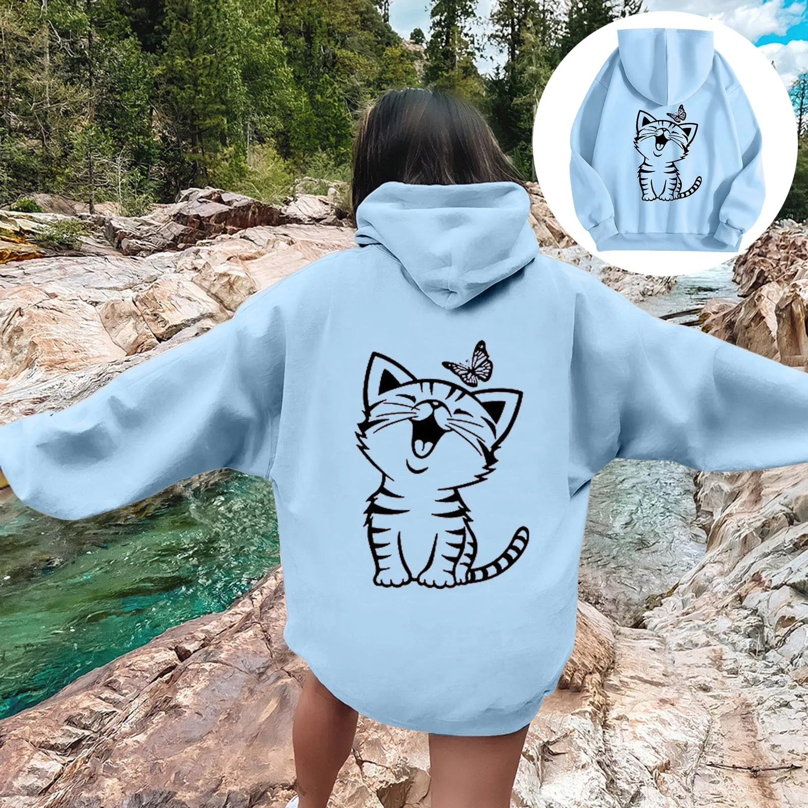 Hoodie wanita Y2K, Sweatshirt Retro Hip Hop grafik kucing Hoodie Harajuku kupu-kupu dicetak Pullover biru