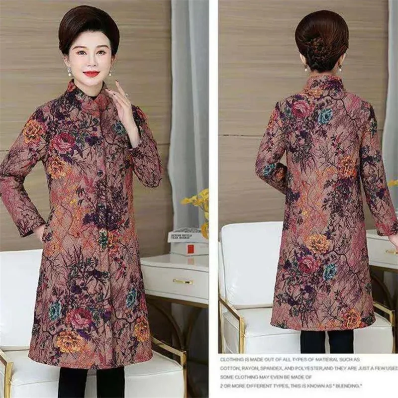 7XL Mid-Aged And Elderly Women's Winter Coat Thick Warm2022 New Mother's Padded Jacket Print Stand Collar Mid-Length Parka