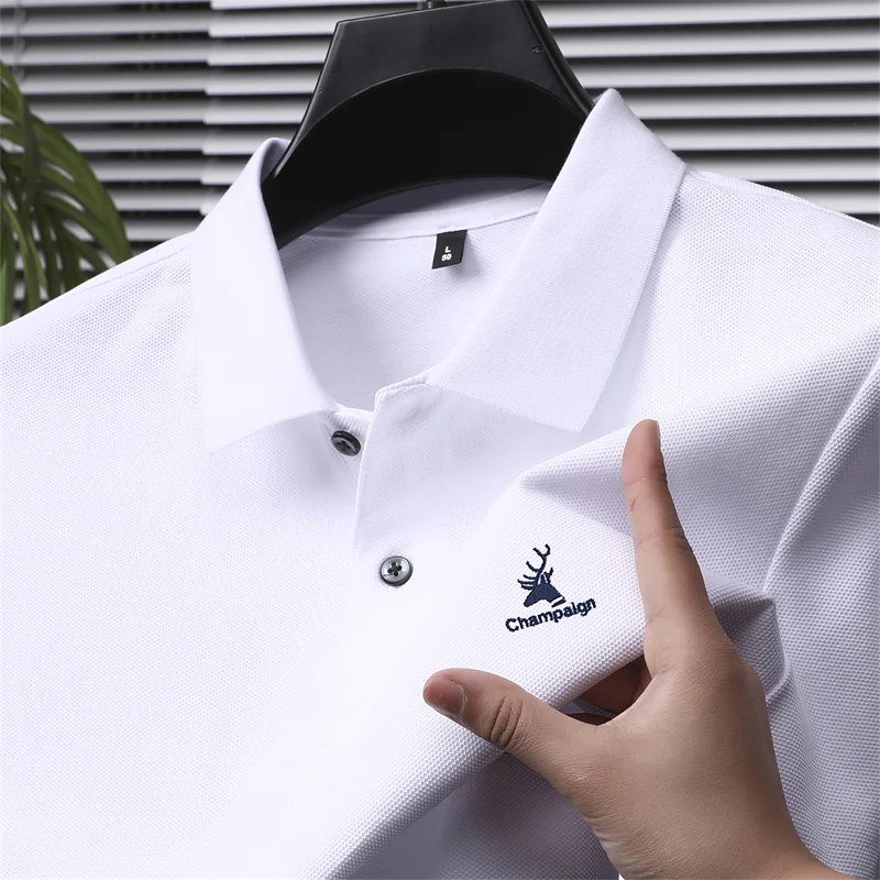 

100 хлопковая элитная брендовая мужская рубашка-поло с лацканами, летняя дышащая футболка с вышивкой оленя, модная деловая мужская одежда с короткими рукавами