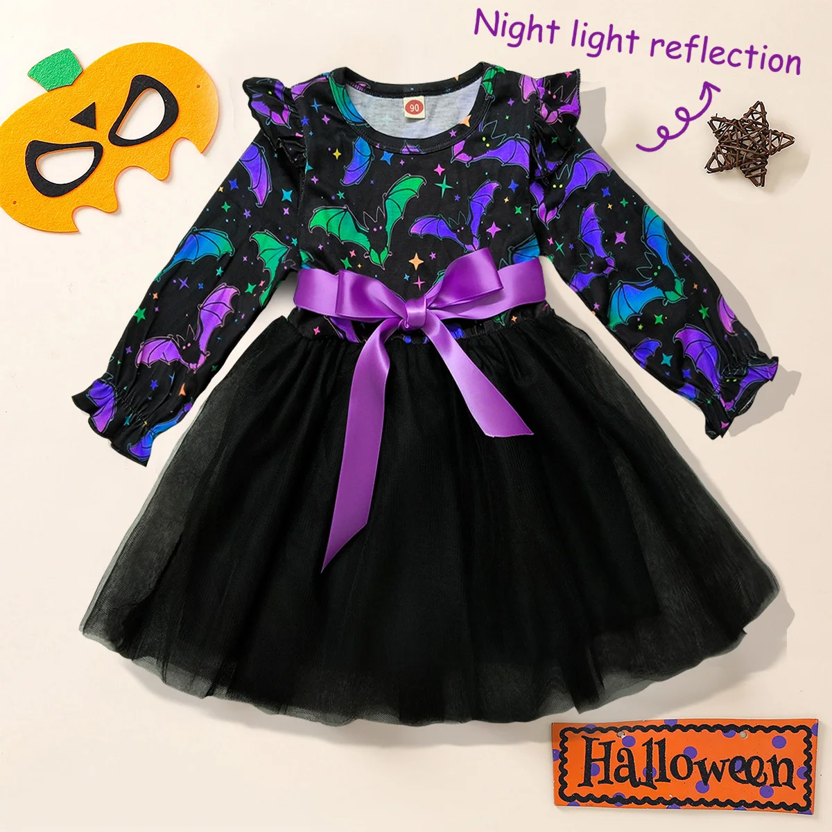 

Girl Halloween Costume 2 To 8 Years Girl Dresses Night Reflection Bat Pattern Long Sleeved Black Mesh Girls Party Dresses