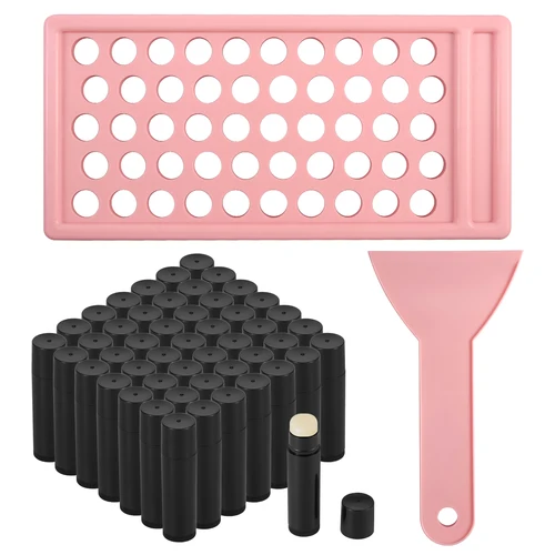 50 Uds. Tubos de lápiz labial vacíos de plástico 5g tubo de bálsamo labial giratorio DIY Chapstick casero Perfume sólido con bandeja de relleno espátula