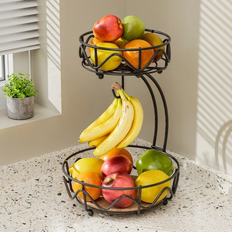 Wrought iron fruit basket wooden bottom snack storage fruit plate banana hook round removable fruit and vegetable storage basket