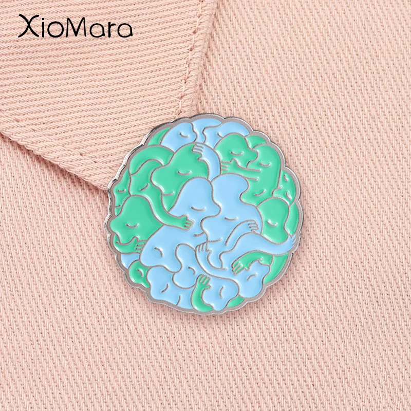 Earth Human Group Hug Enamel Pin Abstract Healing Hugging Mental Health Brooch Lapel Badge Jewelry Accessories Gift for Friends