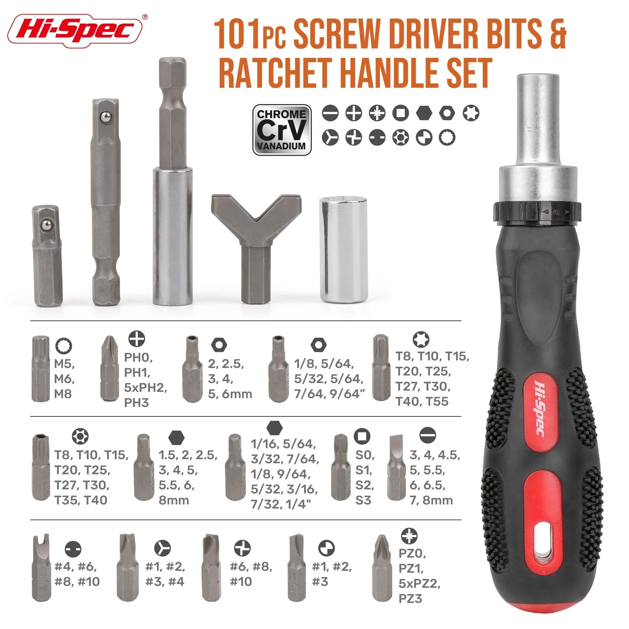 Imagem -02 - Hi-spec 101pc Profissional Power Chave de Fenda Bit Conjunto Cromo Vanádio Aço Bit de Segurança com Alça Torx Hex Phillips Parafuso Bit