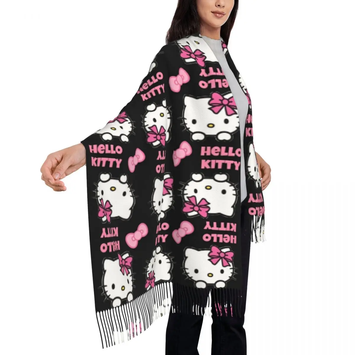 وشاح نسائي الدفء مرحبا كيتي القوس أغطية الرأس الأوشحة مع شرابة طويلة شال شعبي يلتف الشتاء الرسم Bufanda