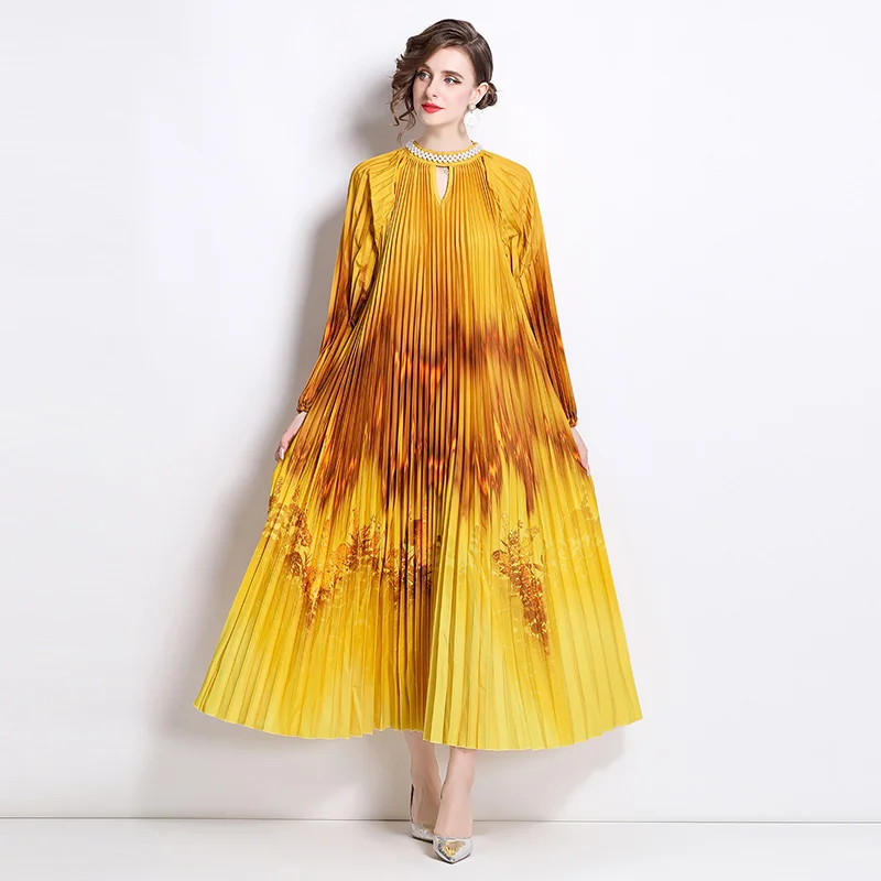 

Couture Exclusive Miyake-Inspired French Chic Maxi Dress Beaded Precision, Floral Chiffon, Pleated Elegance Pearl-Buttoned Flair