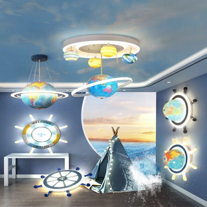 Hot Selling Rustic 360 Degree Rotation Small Planet Earth Lamp Remote Control Light Kindergarten Children's Room Chandelier