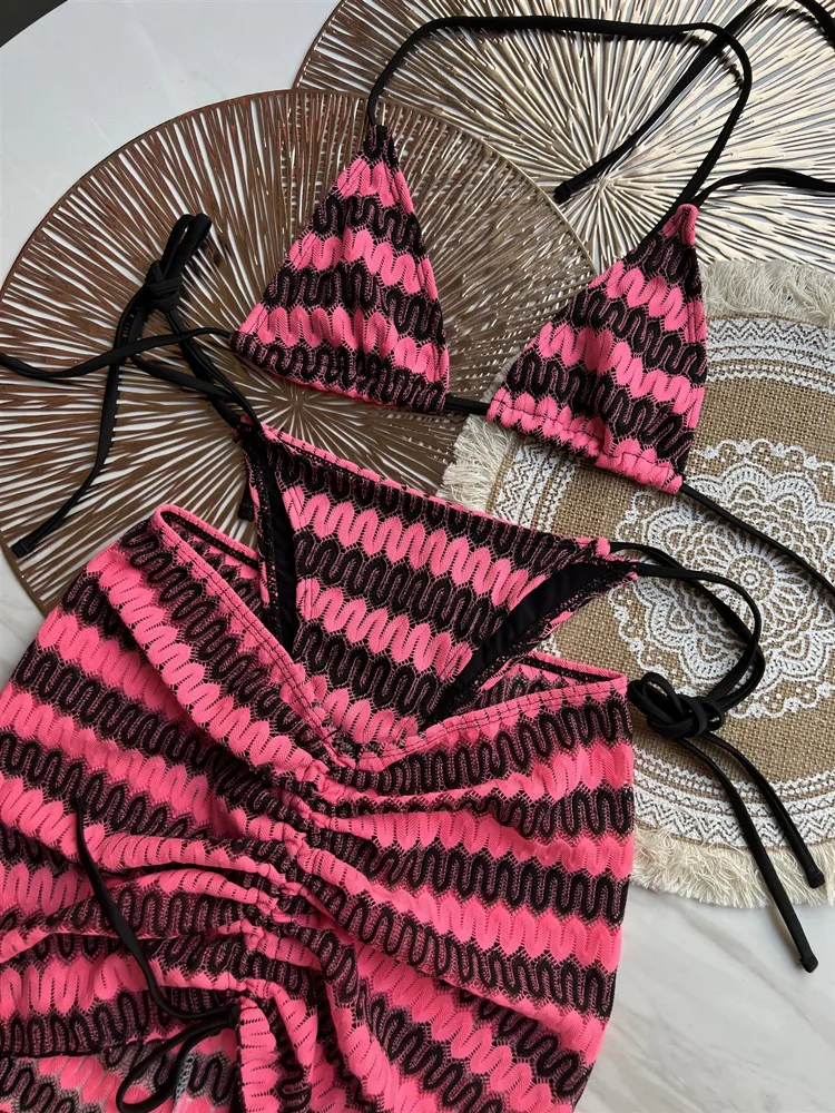 Women Swimsuit Knitted Bikini Skirt Three-Piece Set Split Swimsuit Bikini