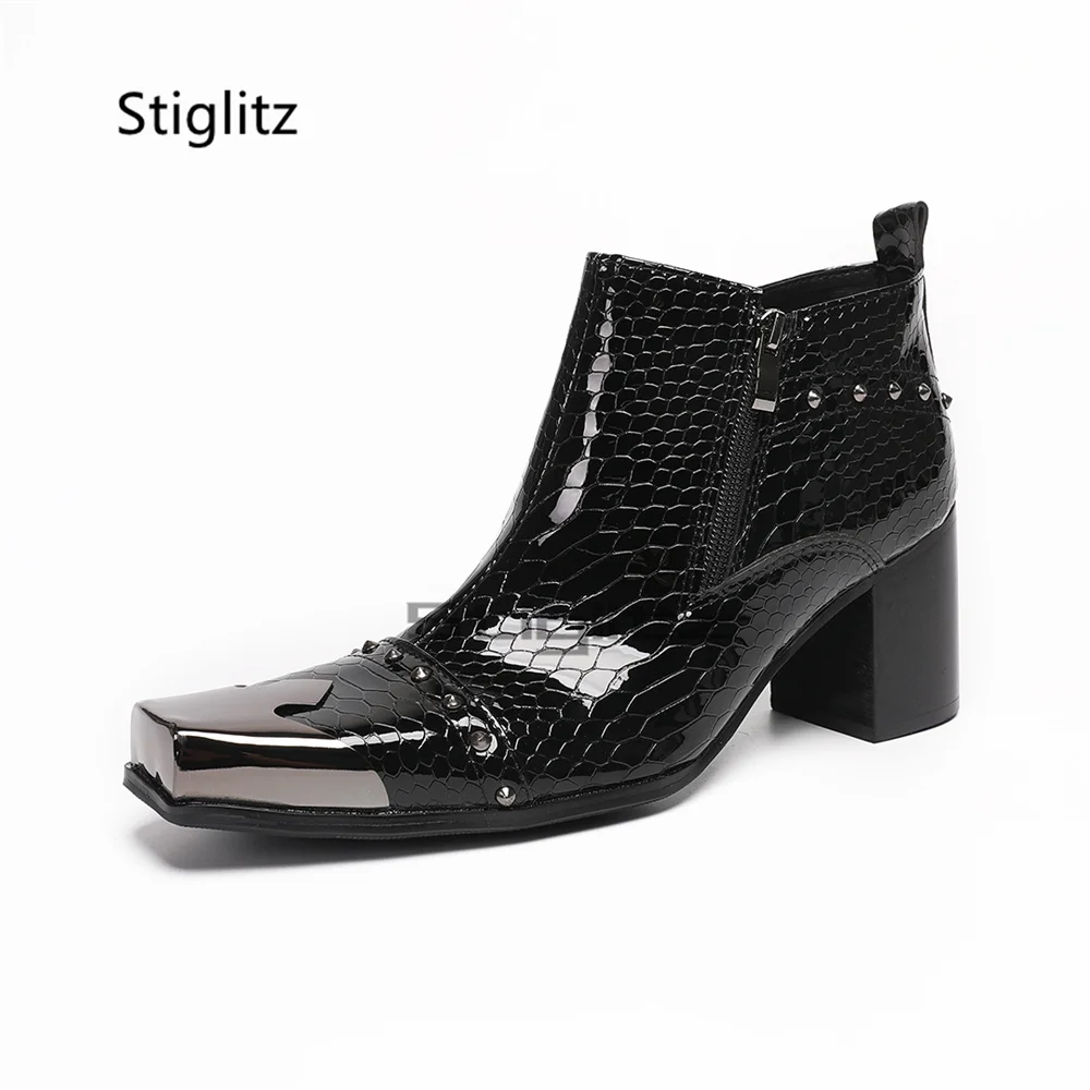 Metal Square Toe Black Snake Print Ankle Boots for Men Side Zip Silver Stud Chunky High Heels Chelsea Boots Autumn Winter Shoes