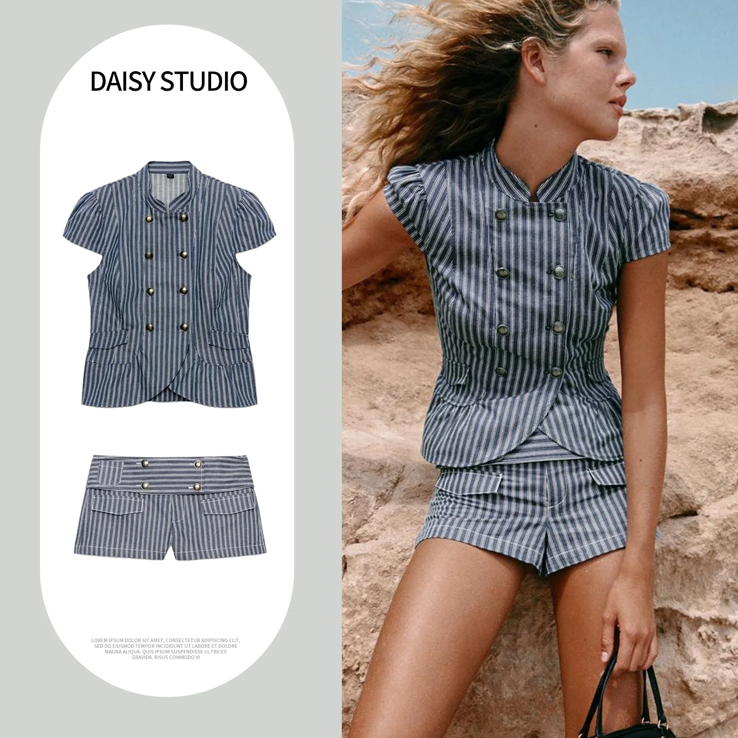 High Collar Bubble Short Sleeve Striped Double Button Top with Low Waist Casual  Shorts Women's Fashion Summer Outfit Set
