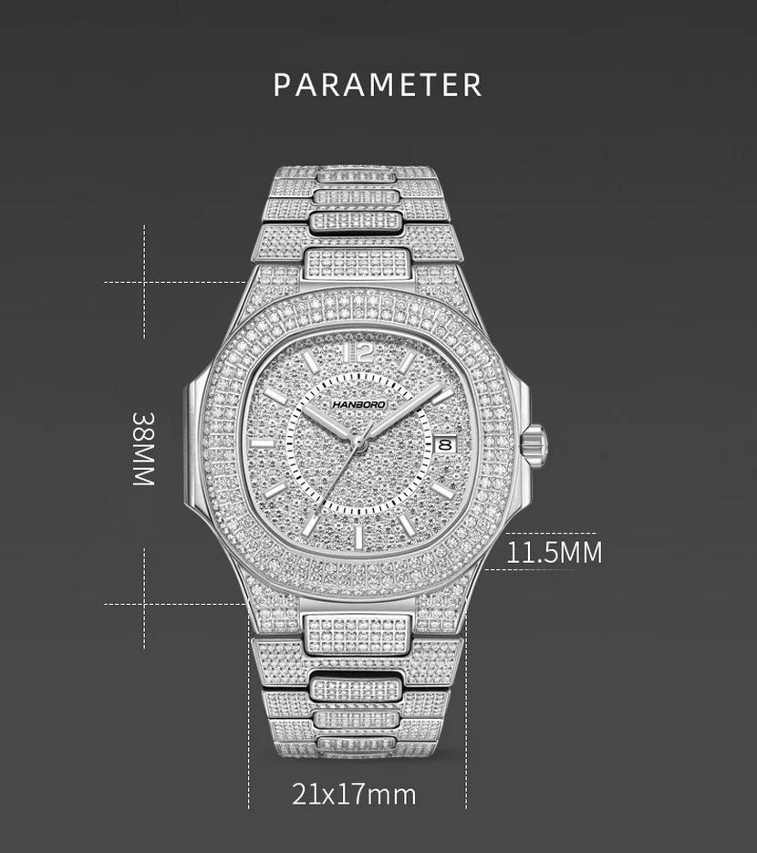 HANBORO Orologio automatico da uomo 38mm Orologio da polso meccanico quadrato Luminoso 5Bar Impermeabile Miyota 8215 Cassa in cristallo