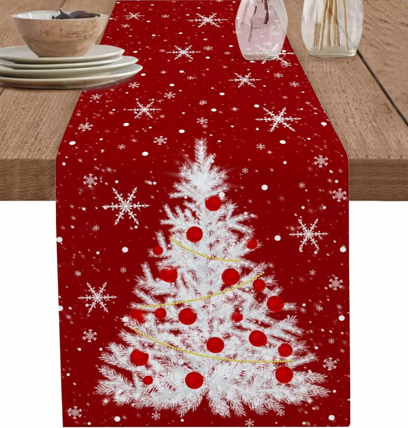 Tischläufer aus Leinen „Merry Christmas“. |   Weihnachtsbaum, Schneeflocke und Weihnachtskugel-Design |   Dekor für Küchen-Esstische und Party