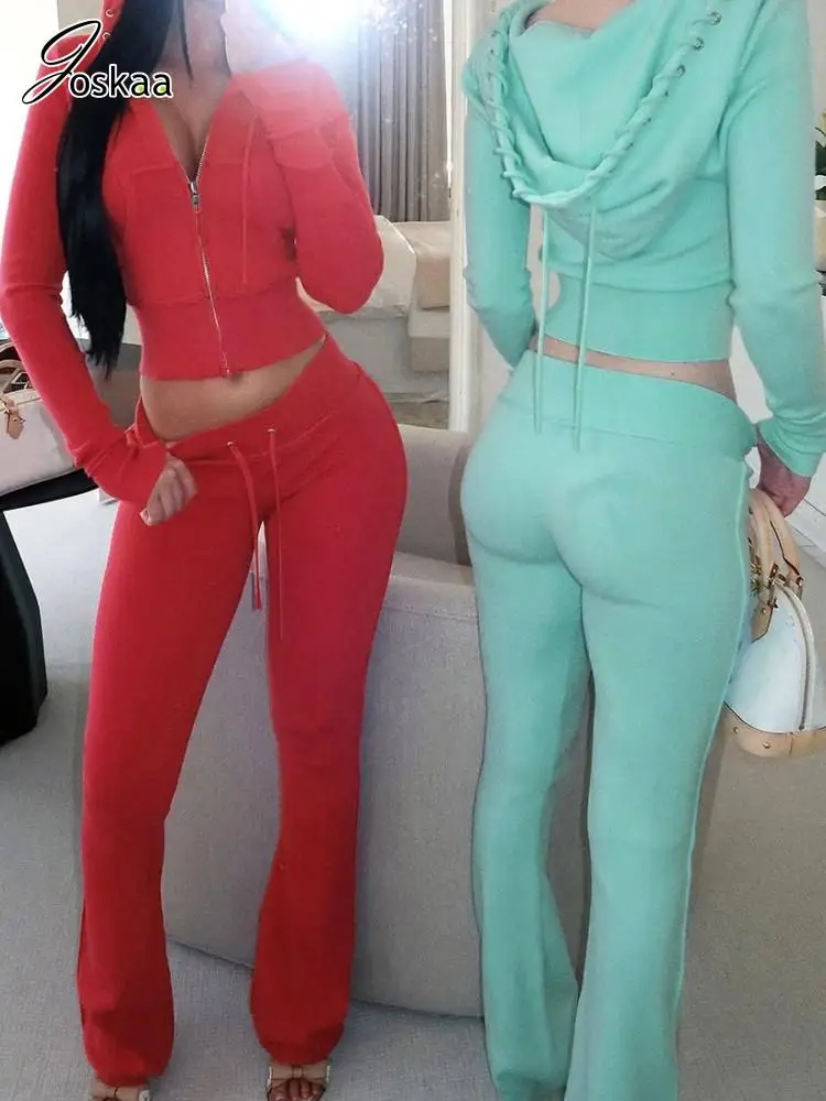 

Joskaa 2025 Fall Women's Ribbed Sporty 2 Piece Set Casual Drawstring Zip Long Sleeve Hoodie+Pants Matching Tracksuits Streetwear