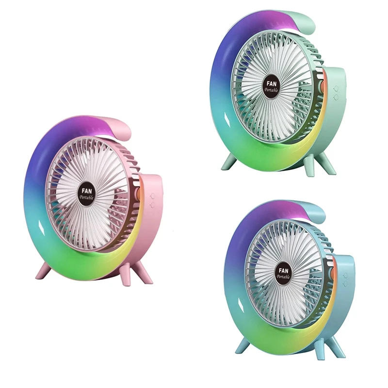 Portable Fan USB Rechargeable Fan LED 7 Colors Electric Fan 180°Adjustable Camping Fans 3 Speeds Mini Desktop Fan