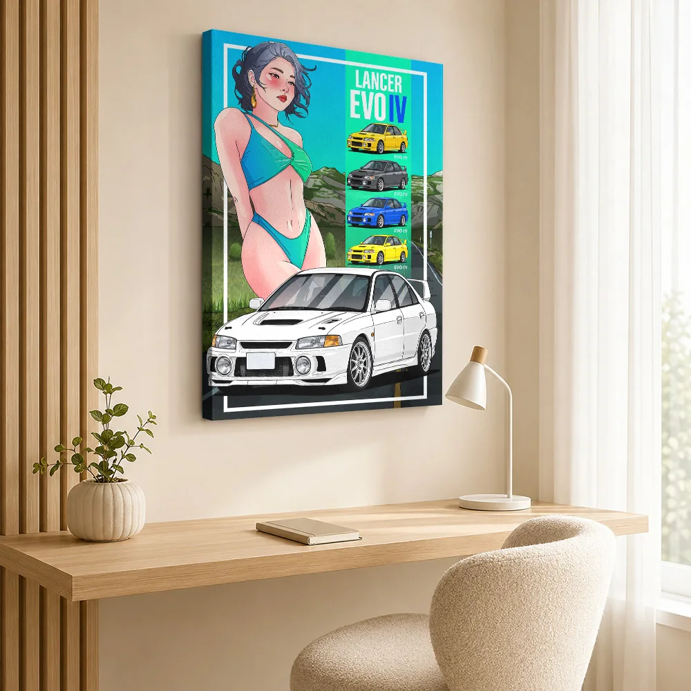 Japanese Lancer Evolution IV White Sports Sedan Canvas Print Posters 3D Wall Decor With Customized Photo For Lounge Ideal Gift