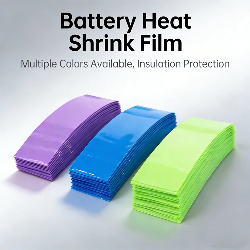 100 Stück flache PVC-Schrumpfschläuche für 18650-Batterien, Schrumpffolie, selbstklebender Isolator, blau, grün, lila