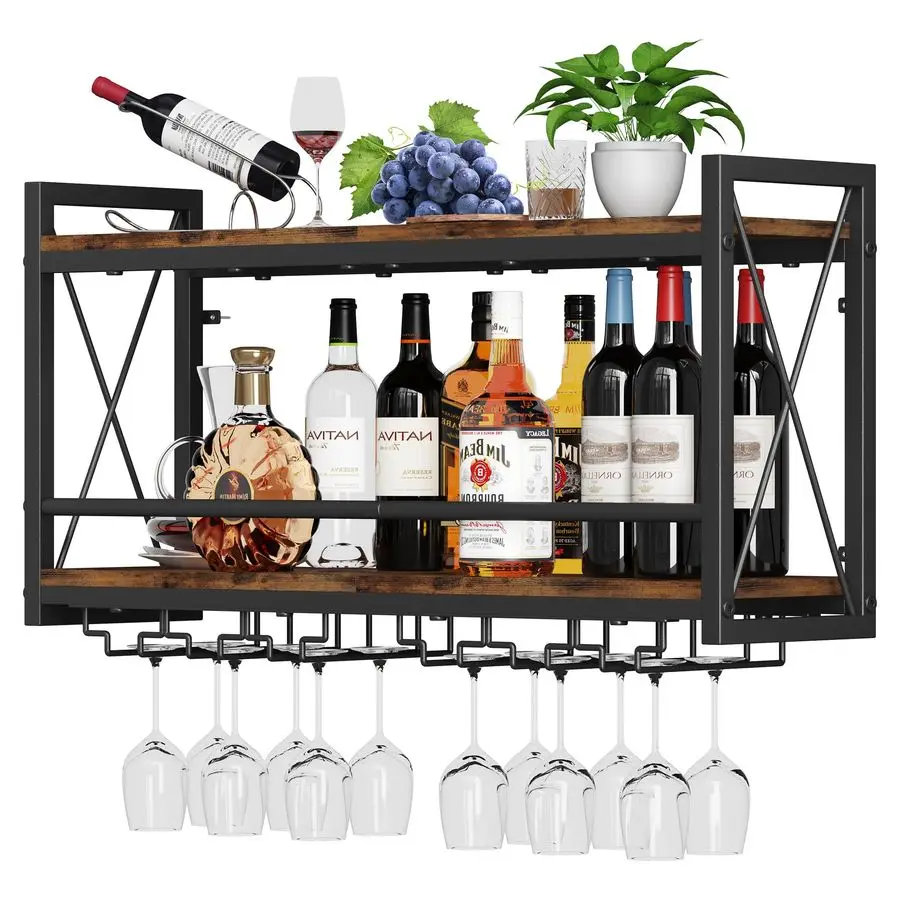 

Wall Mounted Wine Rack, Bottle amp Glass Holder WoodMetal Retro Wine Rack, Wine Bottles Display Wall Storage for Kitchen Dining