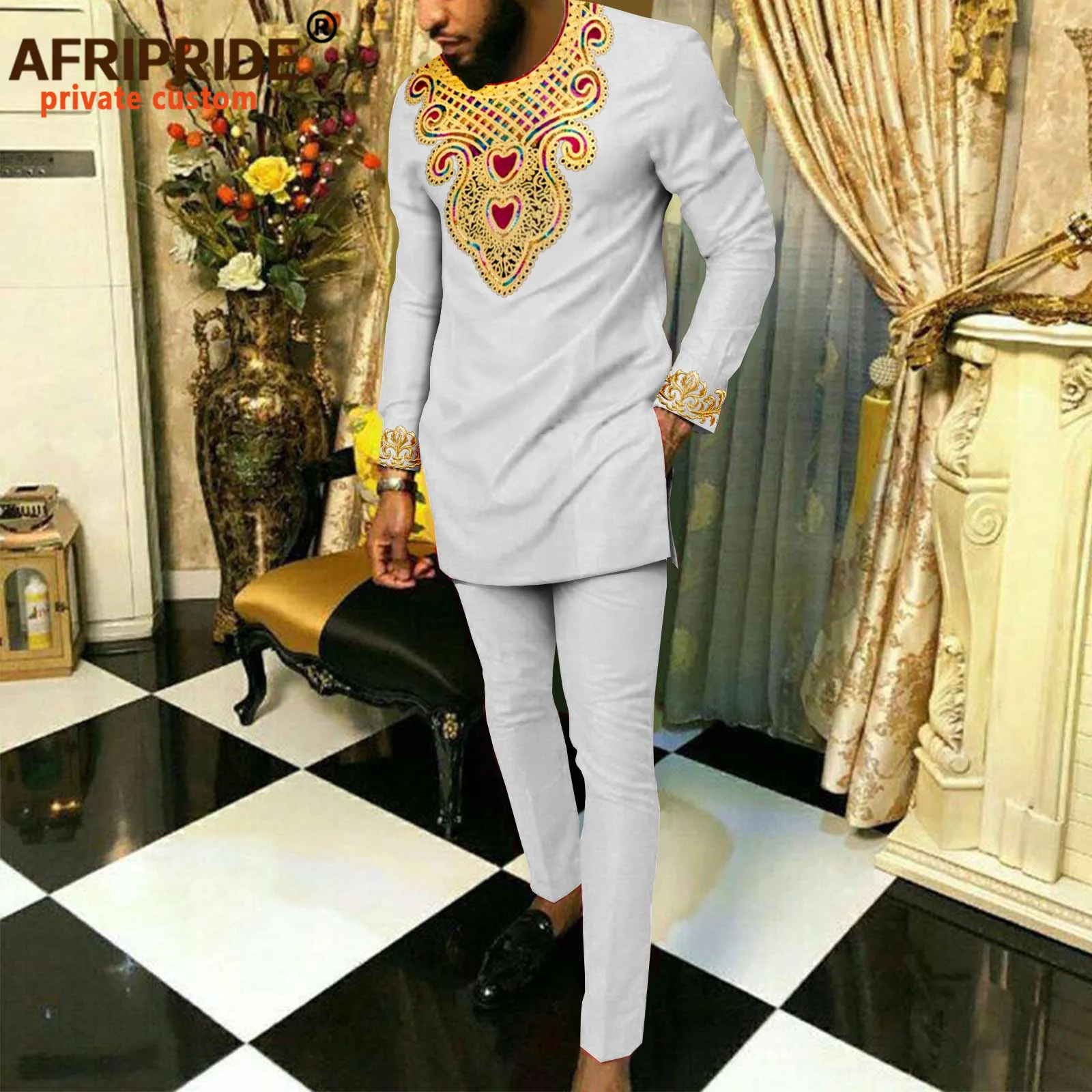 African Men Traditional Clothing Set Embroidery Shirts and Ankara Pants 2 Piece Set Dashiki Outfits for Wedding Evening A2116064