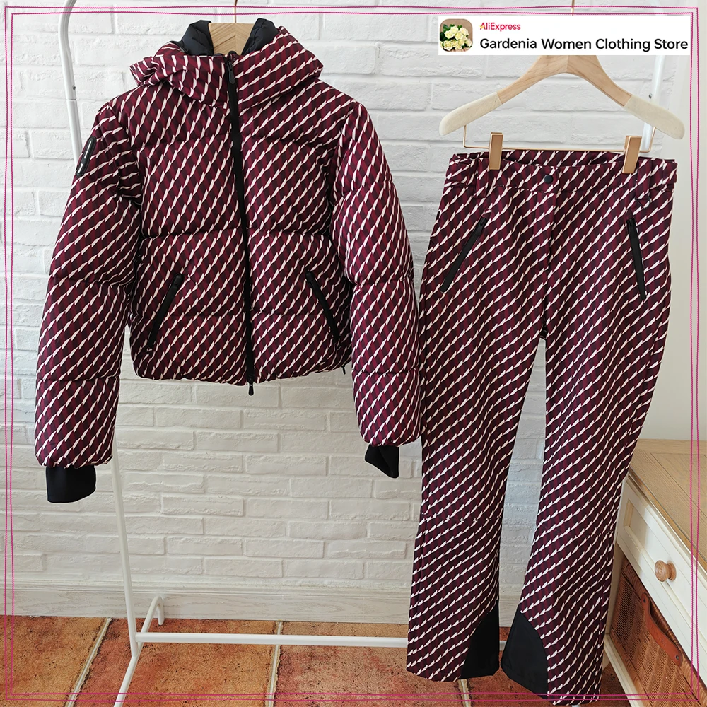 

Stylish Printed Pant Sets for Women Winter Holiday New Matching Set High Collar Windproof Down Hooded Jacket + Tonal Flare Pants