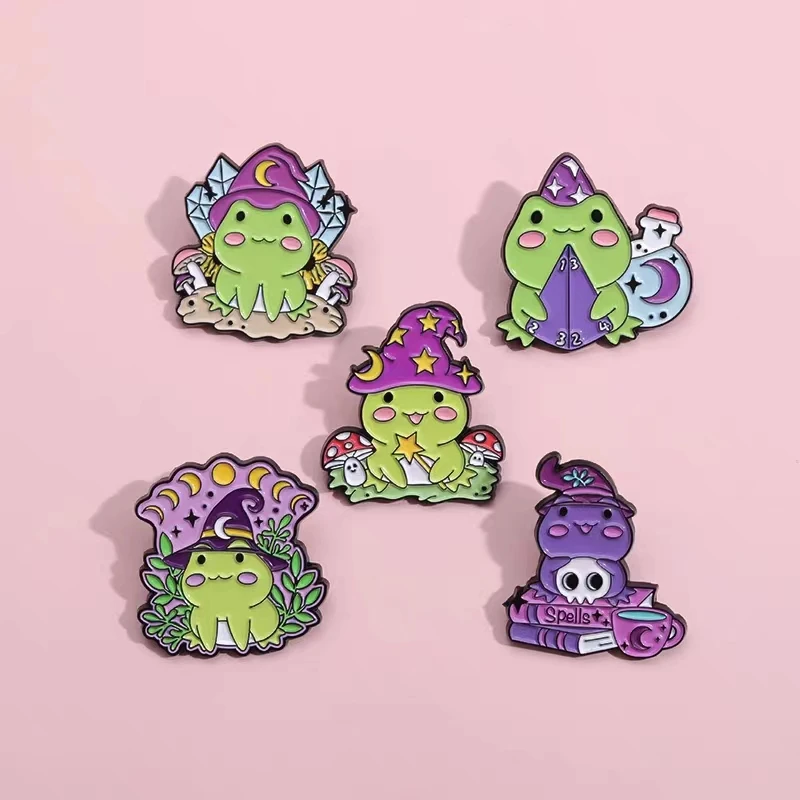 Witch Frog Enamel Pins Lapel Brooches Cartoon Animal Badge Gift for Kids Friends Star Moon Hat Froggy Cute Jewelry Wholesale