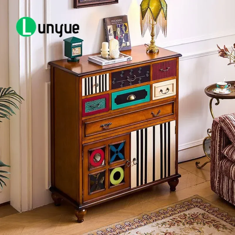 American Retro Contrasting Color Multi Bucket Storage Cabinet Creative Splicing Painted Door Solid Wood Locker For Porch