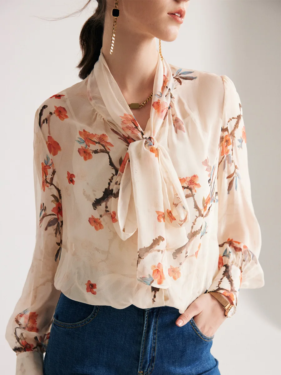 BirdTree, 40%Natural Silk Elegant Shirt, Women Scarf Collar Floral, French Vacation 2 Piece Blouse, 2024 Summer Autumn T49523CC