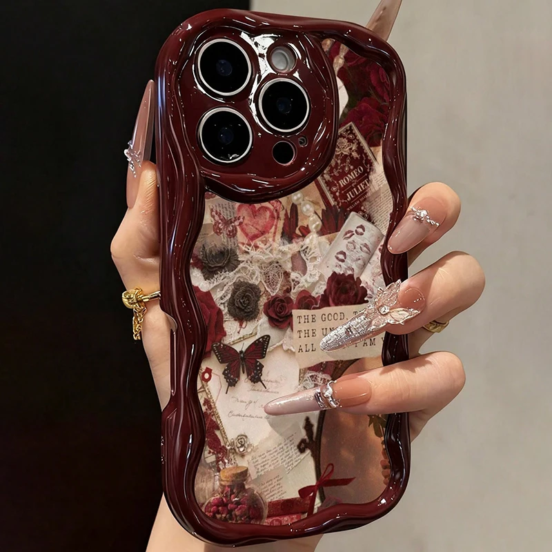 Schmetterling-Bedruckte Flache Handyhülle in Weinrot mit Cremetextur für iPhone 18 17 16 15 14 13 12 11 Pro Max Plus 17e