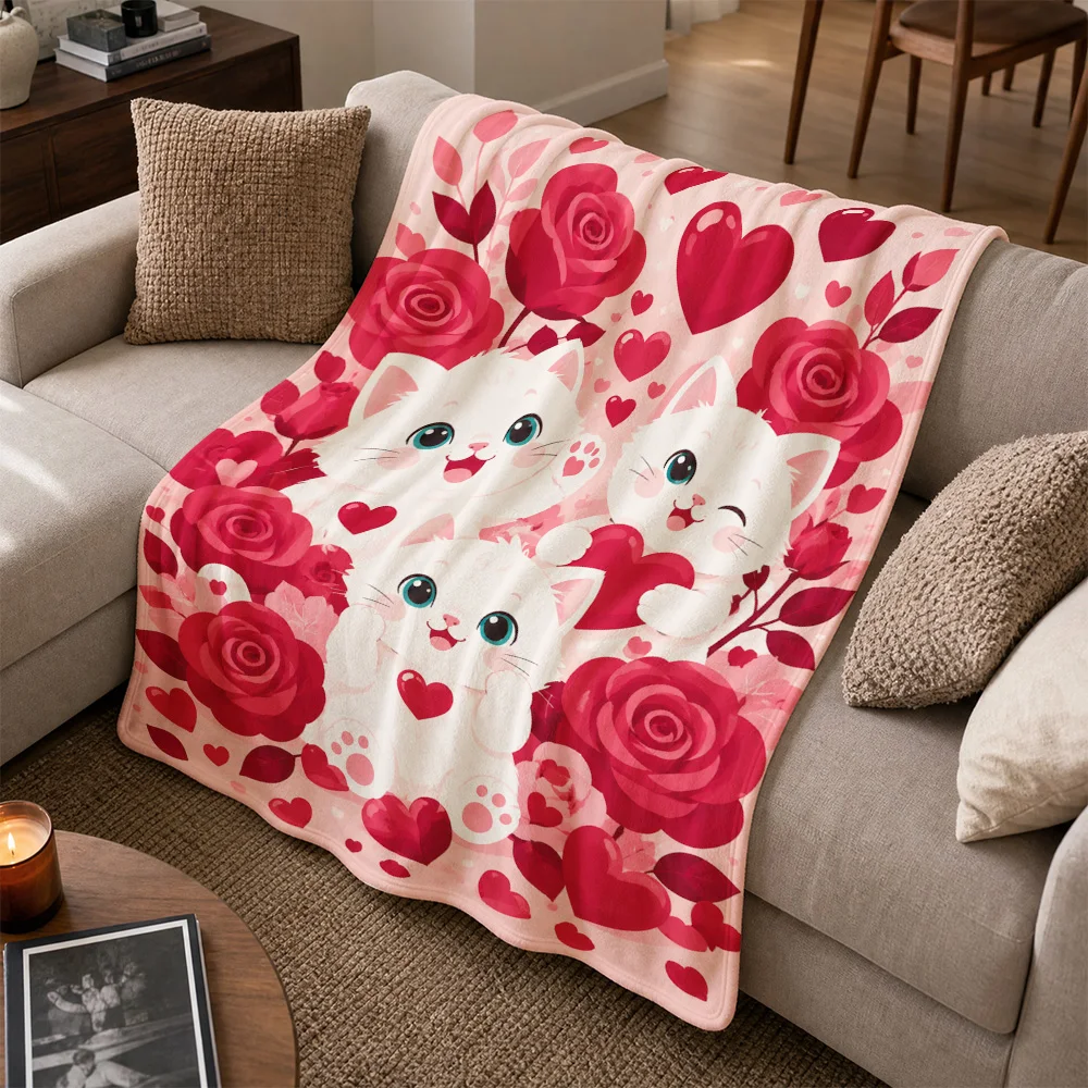 Cute Cat and Rose Print Throw Blanket Plush Fuzzy Sofa Throw for Couch Decor Romantic Valentine Gift