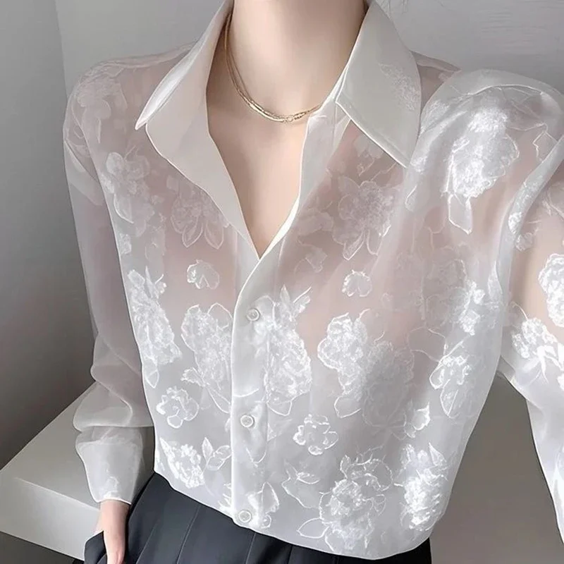 

Female Clothing 2025 Summer New Loose All-match Tops Casual Blouses Fashion Lapel Solid Color Spliced Korean Shirts