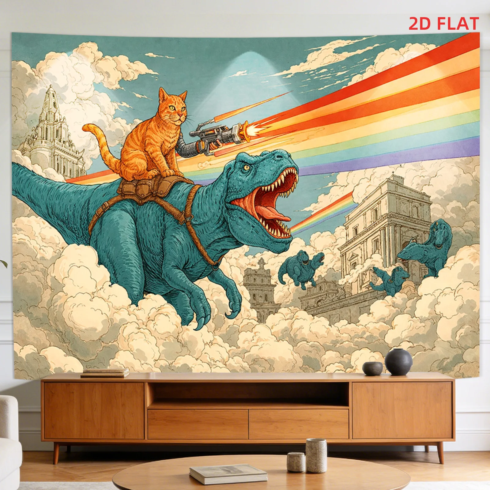 Retro Cat Riding Dinosaur Tapestry, Sci-Fi Laser Rainbow Art, Vintage Space Wall Hanging, Funny Surreal Decor, Gamer Room