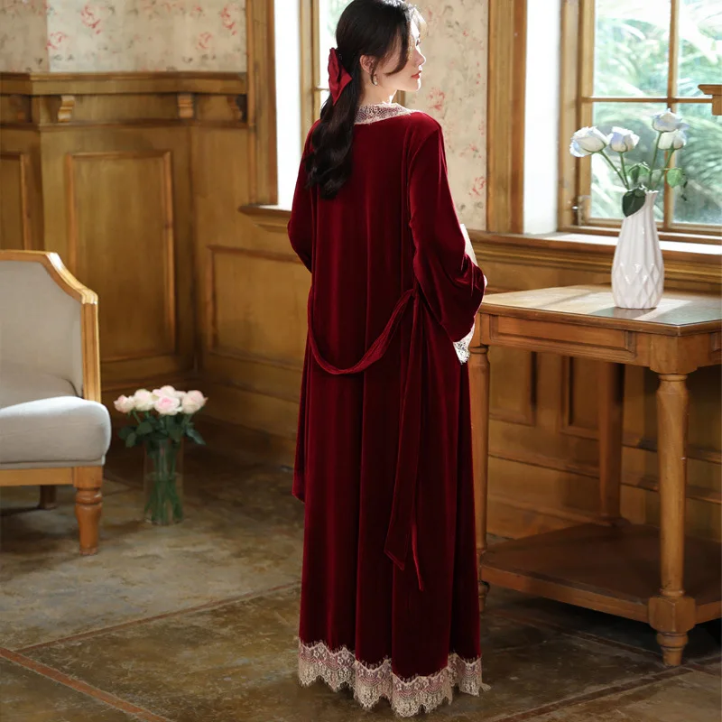 Women Velvet Night Dress Two Pieces Autumn Winter Warm Velour Robe Sets Sexy Lace V Neck Nightwear Vintage Nightgowns Sleepwear