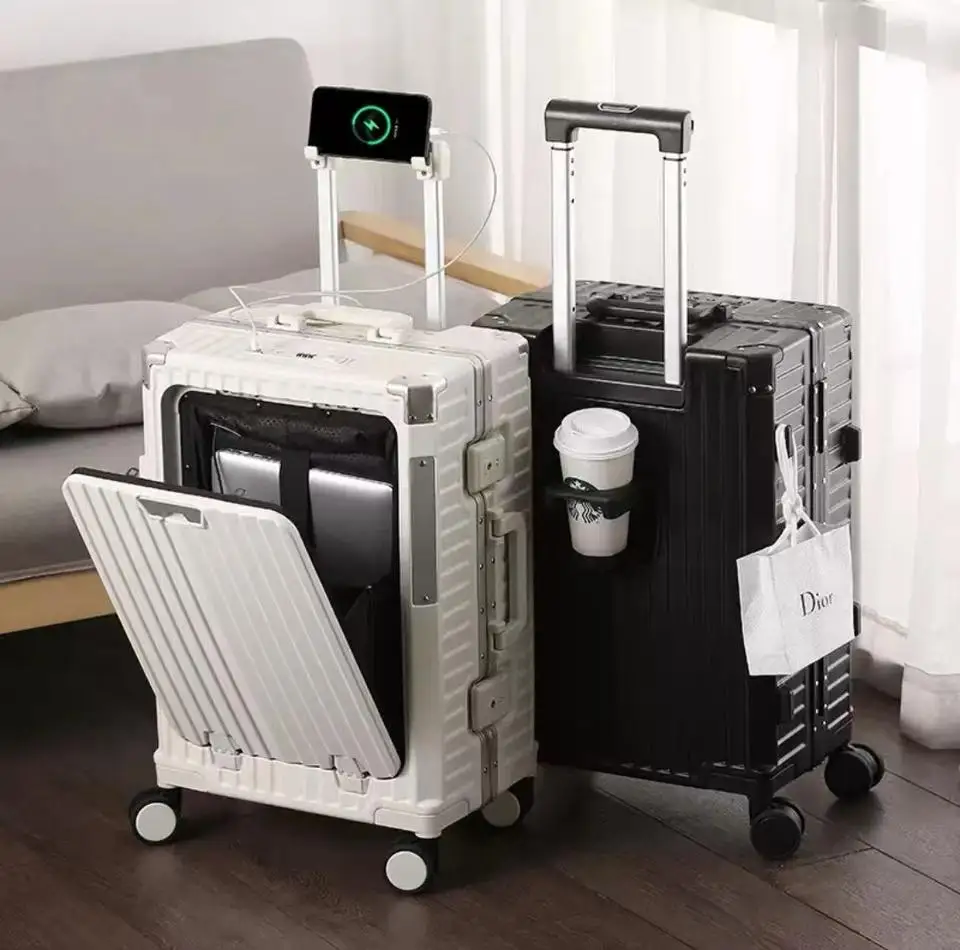 ALL PASS 2023 New Front opening aluminum frame travel luggage with USB charging suitcase cup holder multi-functional luggage