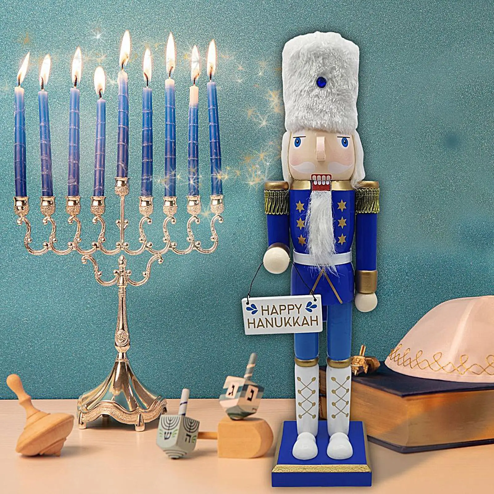 Nutcracker Soldier Nutcracker Hanukkah Decor White And Blue Table Desktop Doll Ornament For Fireplace Window Tabletop Kitchen