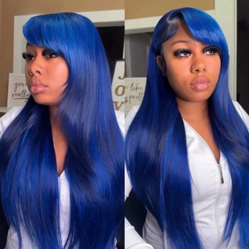 블루 가발 레이어드 컷 본 스트레이트 레이스 프론탈 가발 앞머리 포함 13x4 HD 레이스 가발 합성 고품질 내열성 데일리 착용