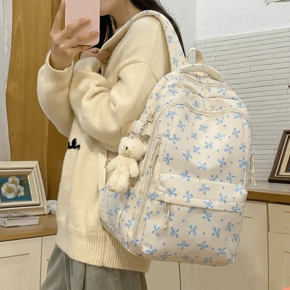 Large Capacity Floral Print Backpack Multi-compartment Multi-pocket Bow Pattern School Bag Durable Waterproof Rucksack Junior