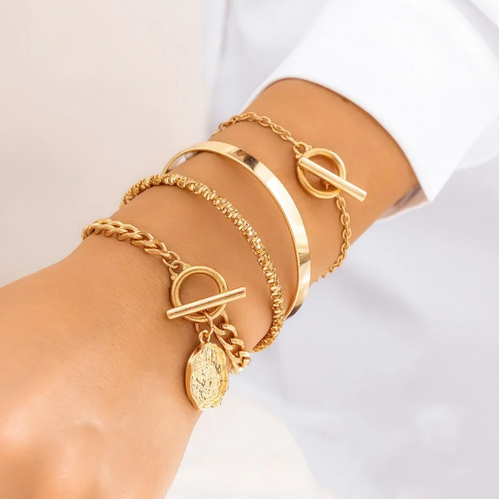 4pcs Set Trend Hip-hop Gold Color Geometric Metal Chain OT Clasp Mashup Fold Wear for Women Temperament Jewelry Accessories Gift