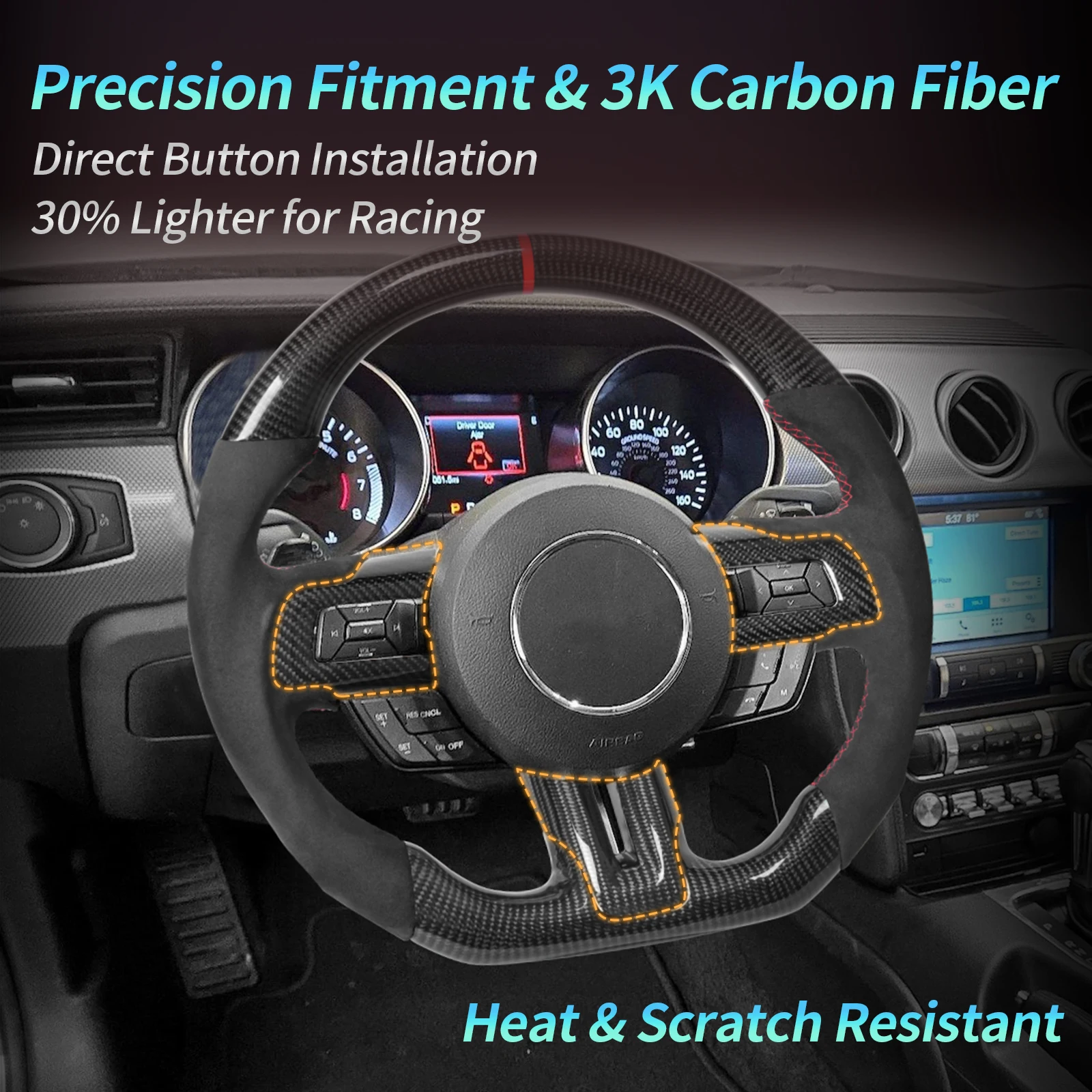 For Mustang 2018 Carbon Fiber Steering Wheel Leather Perforations