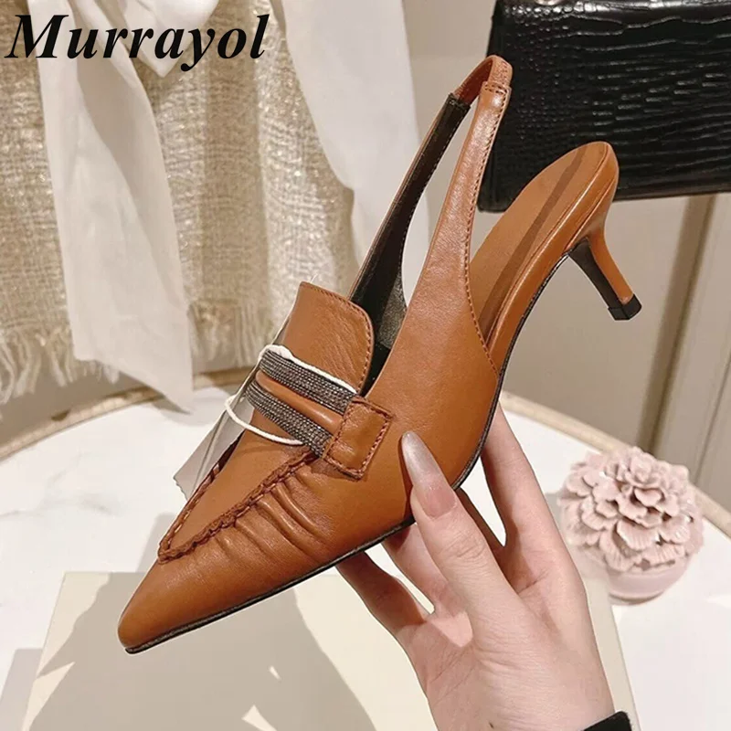 

New Closed Toe String Bead Decor Retro Sandalias Women Pointed Toe Genuine Leather Thin Heels Sandals Summer Party Dress Shoes